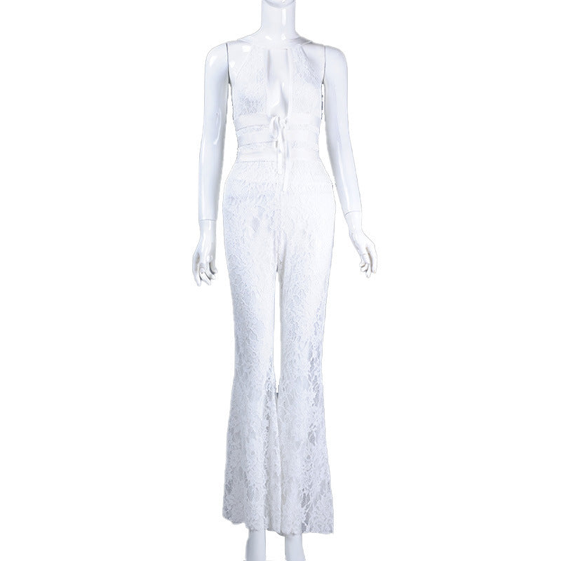 WHITE HALTER NECK LACE JUMPSUIT