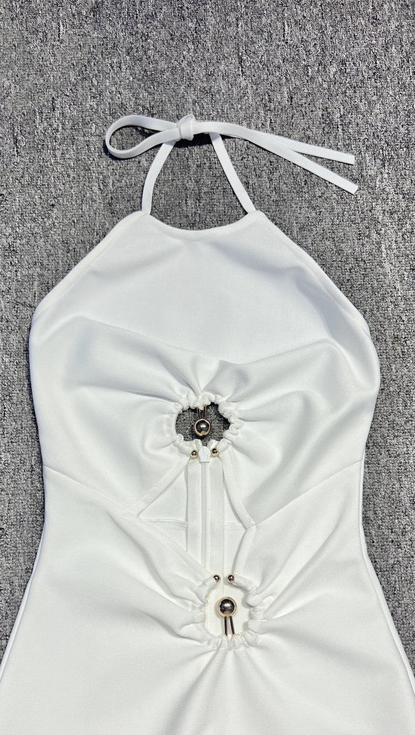 AIIZIE HOLLOW CUT OUT SLIT HALTER MAXI DRESS IN WHITE - product image