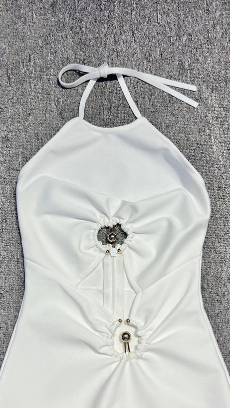 HOLLOW CUT OUT SLIT HALTER MAXI DRESS IN WHITE