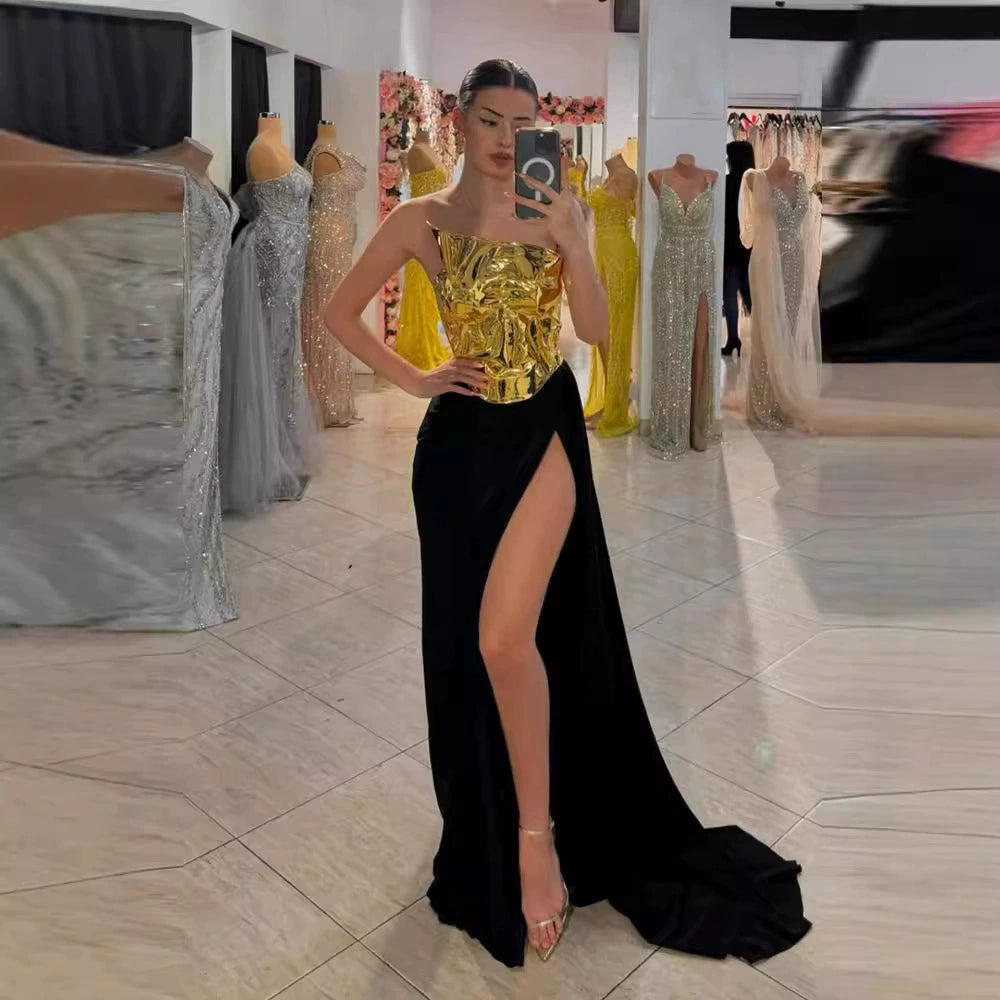 AIIZIE VICKY BLACK ONE SHOULDER GOLD MIRROR GOWN - product image