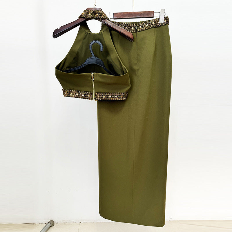 BEADED DIAMOND HALTER TOP SLIT SKIRT SUIT IN GREEN