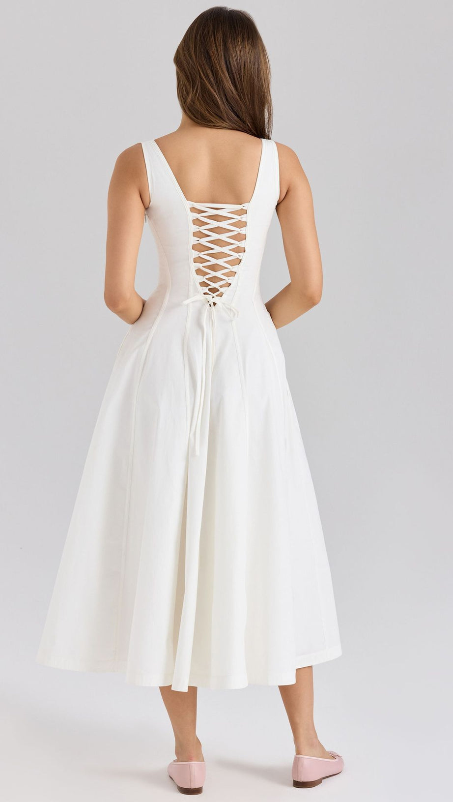 GEMMA WHITE LACE-UP STRETCH COTTON MIDI DRESS