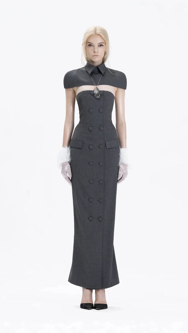 Double-breasted strapless sleeveless suit with lapel - grey