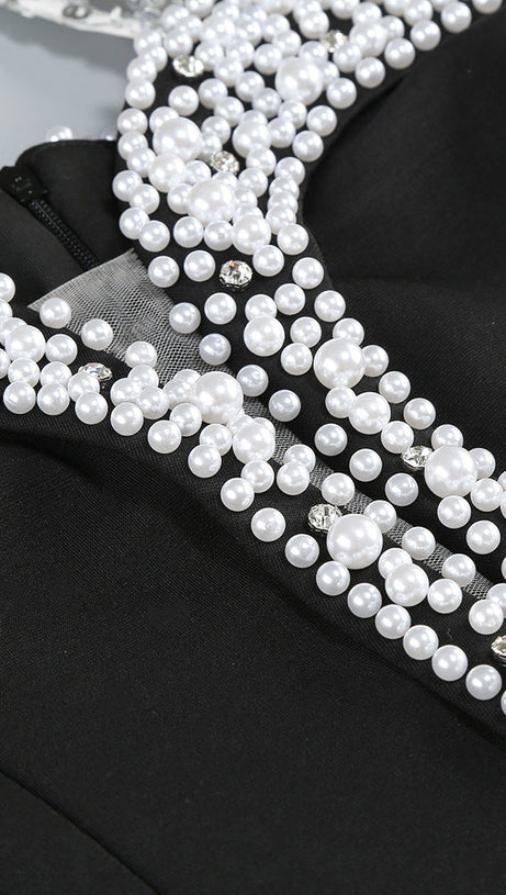 HALTER PEARL CRYSTAL-TRIM GOWN IN BLACK