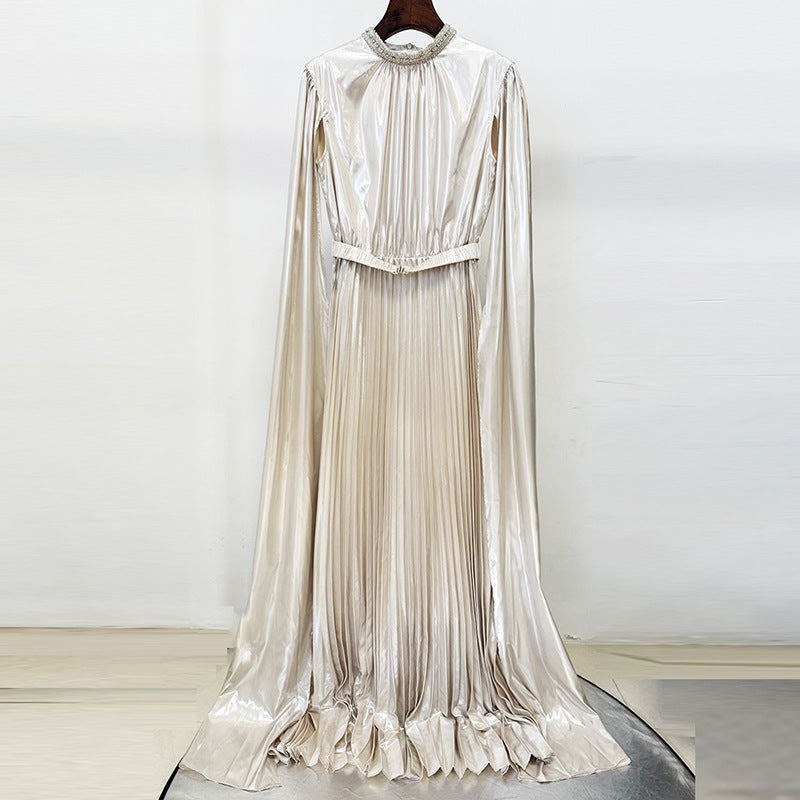 nail beaded slip sleeve pleated long dress