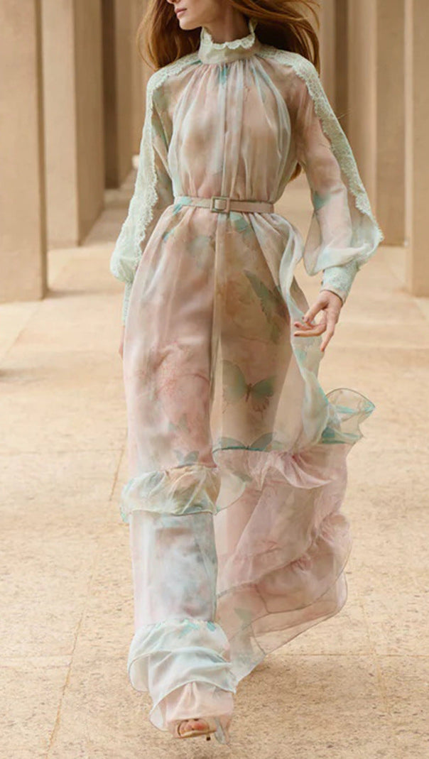 olga floral print  lantern sleeve layer Sheer maxi dress