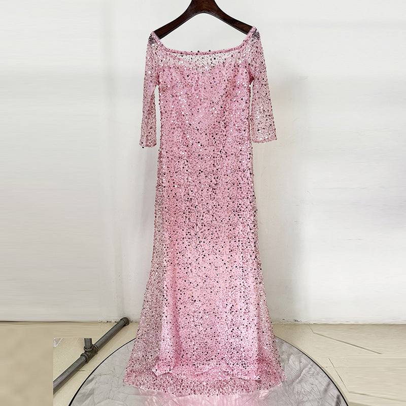 Blush Pink Sequin Mermaid Gown Off-Shoulder Long Dress