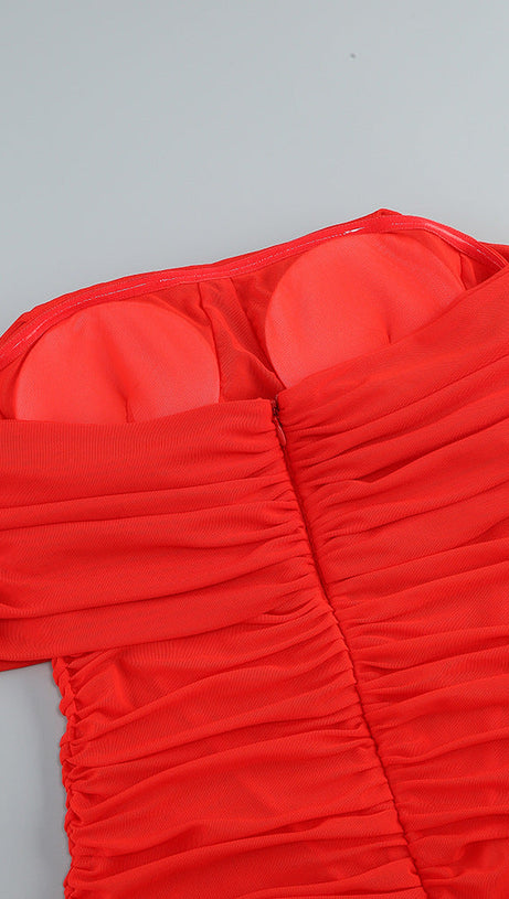 SHERRY OFF-SHOULDER TULLE BANDAGE MAXI DRESS IN RED