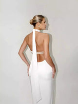 MIGNON SATIN BELT BACKLESS PEARL EMBELLISHED MAXI DRESS IN WHITE