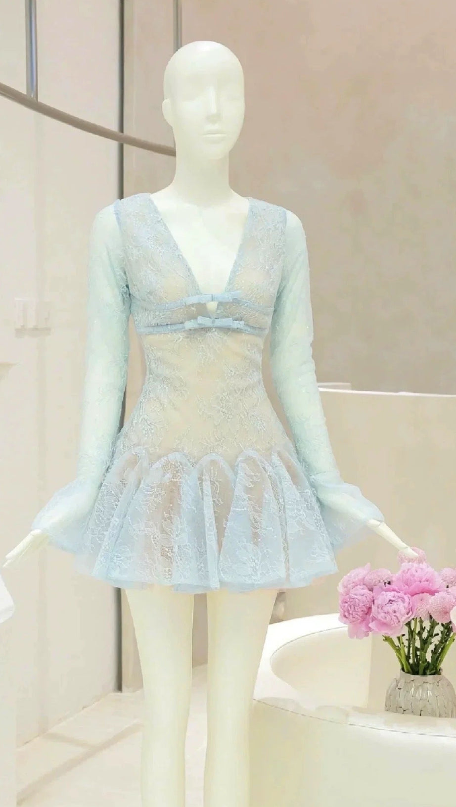 EILEEN LONG-SLEEVE V-NECK LACE A-LINE MINI DRESS IN BLUE