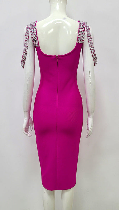 ABITO MIDI CON BENDAGGIO DI CRISTALLI ROSA SCURO