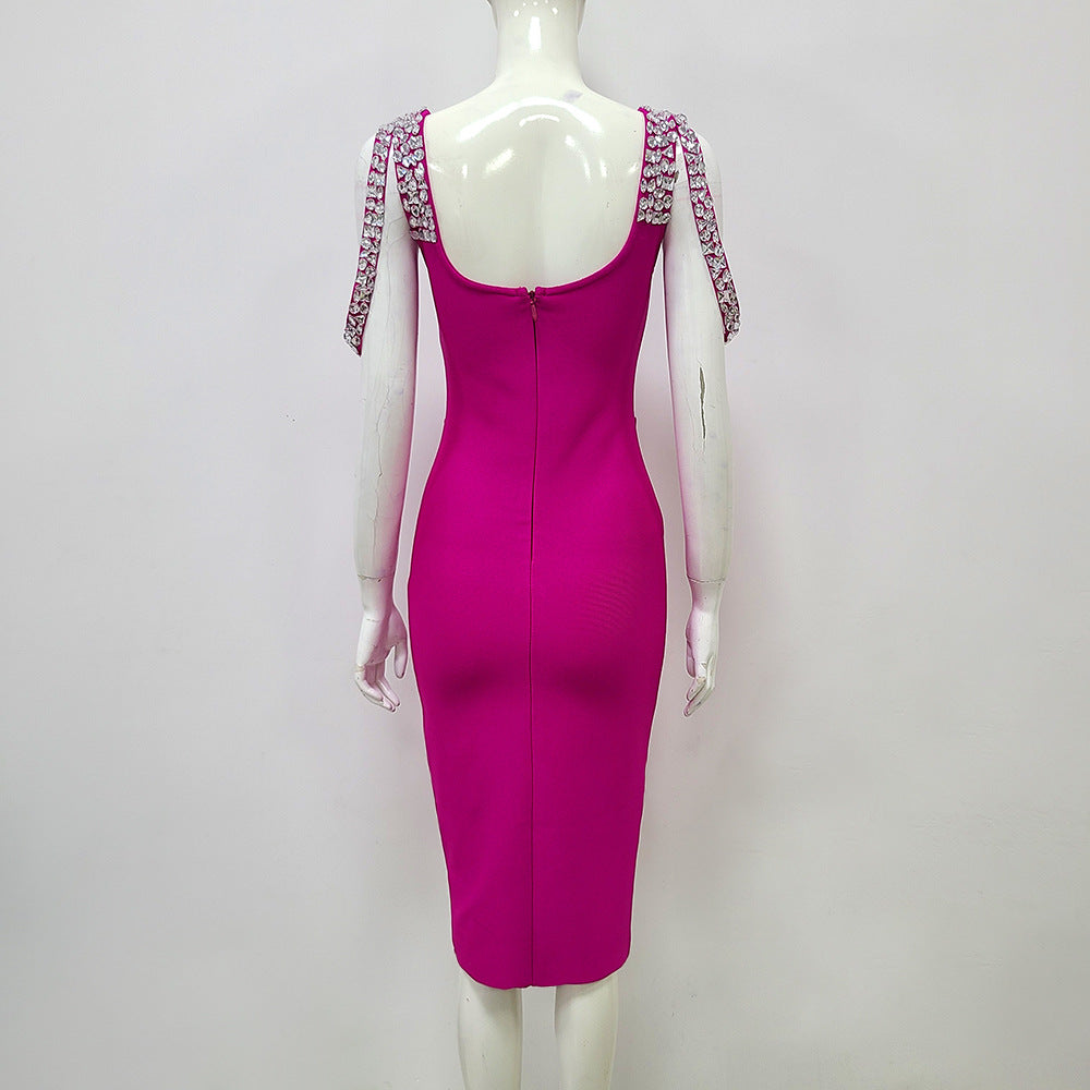 AIIZIE CRYSTAL BANDAGE MIDI DRESS IN HOT PINK - product image