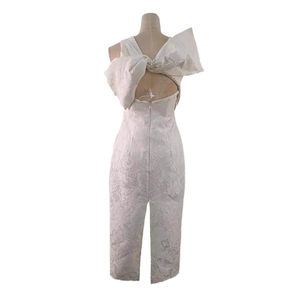 AIIZIE ALEXANDRA PEGGED BACK SLIT BROCADE MIDI DRESS IN WHITE - product image