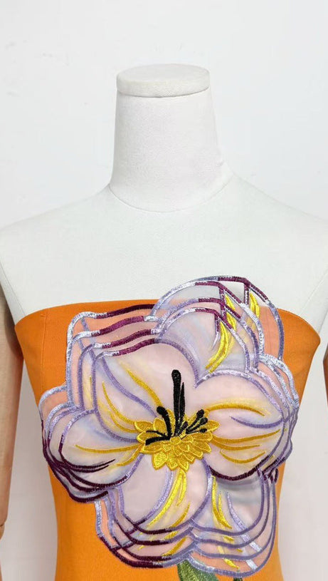 SUZANNE APPLIQUÉ FLORAL BUSTIER MAXI DRESS IN ORANGE