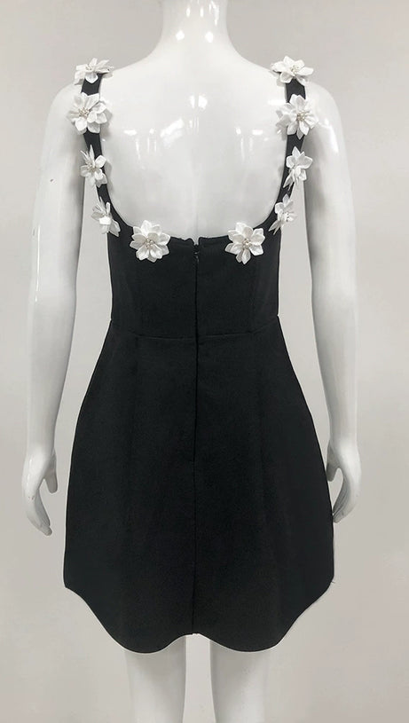 ZENOBIA FLOWER EMBELLISHED BLACK MINI DRESS