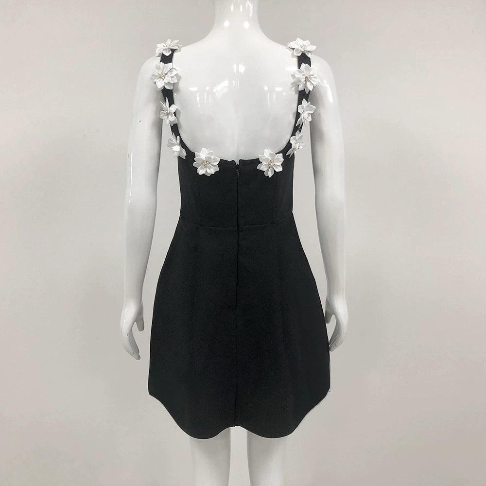ZENOBIA FLOWER EMBELLISHED BLACK MINI DRESS