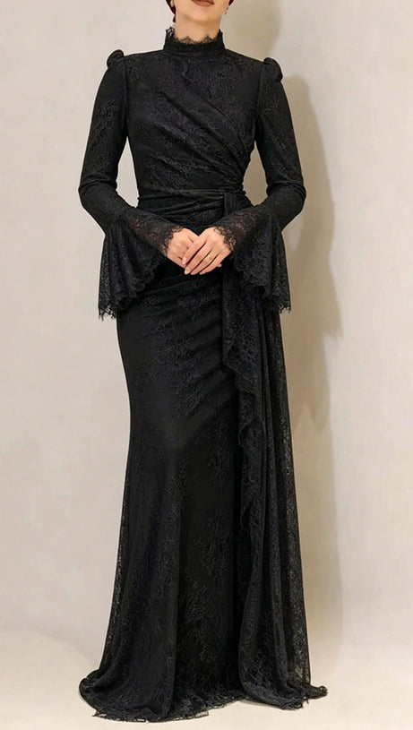 victoria Long lantern sleevelace-trim maxi dress - black