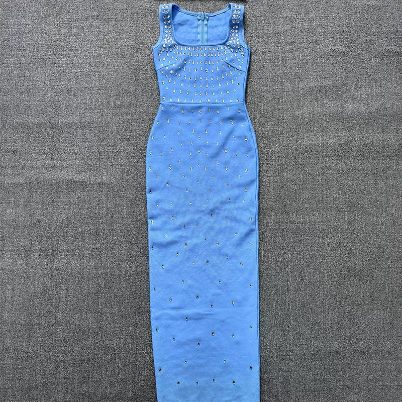 CREPE RAINDROPS EMBROIDERY MAXI DRESS IN BLUE