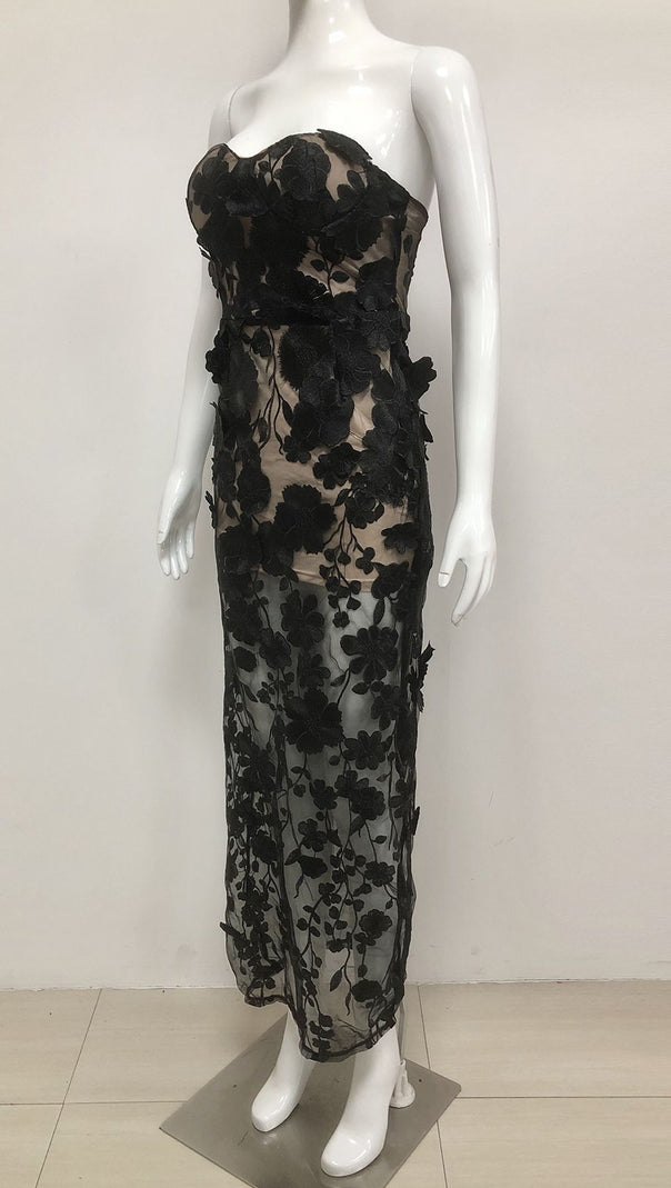 AIIZIE OFF-SHOULDER WITH 3D MESH EMBROIDERED SEQUINS MAXI DRESS BLACK - product image