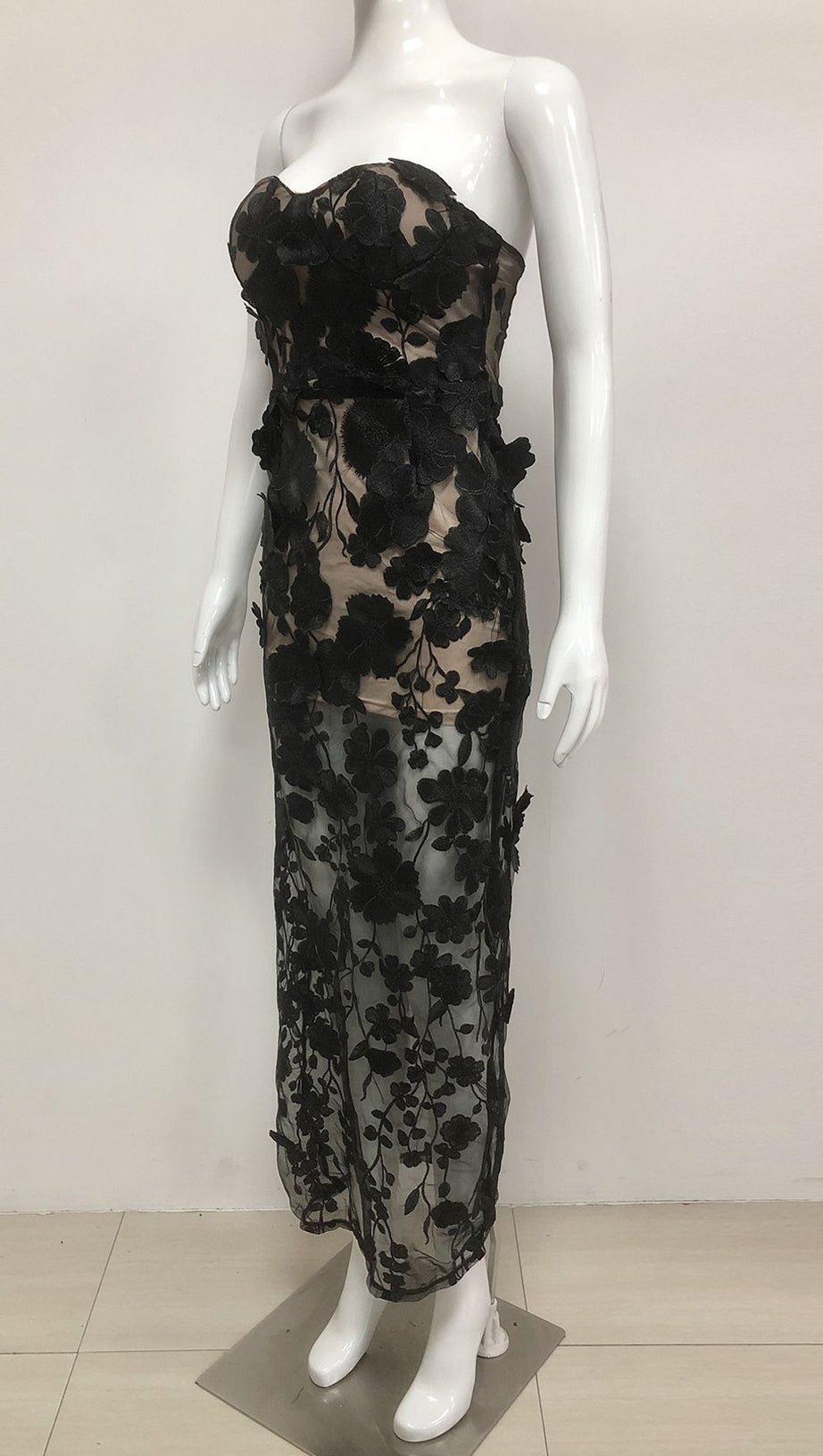 OFF-SHOULDER WITH 3D MESH EMBROIDERED SEQUINS MAXI DRESS BLACK