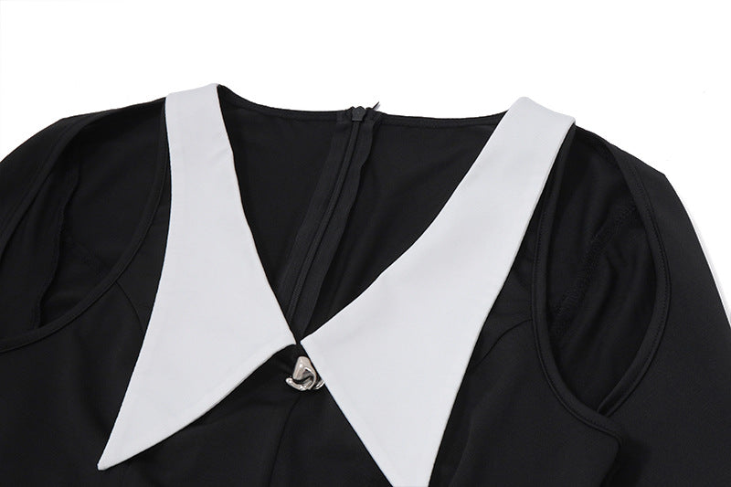 TWO-TONE HOLLOW HALTER MINI DRESS