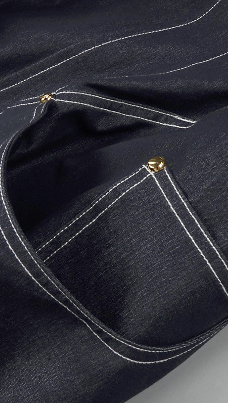 ABITO MIDI CON CORSETTO E HALT IN DENIM BLU NAVY