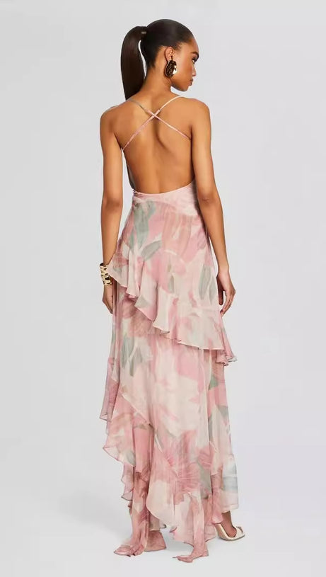 ARES FLORAL-PRINT RUFFLED SILK MIDI DRESS IN PINK