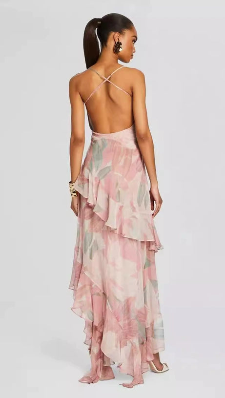 ZORA PINK FLORAL-PRINT RUFFLED SILK MIDI DRESS