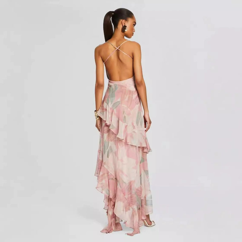 ZORA PINK FLORAL-PRINT RUFFLED SILK MIDI DRESS