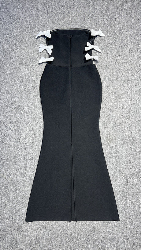 GONNA A SPALLA SLIM FIT CON FIOCCO CAVATO E FASCIA A SPALLA NERA