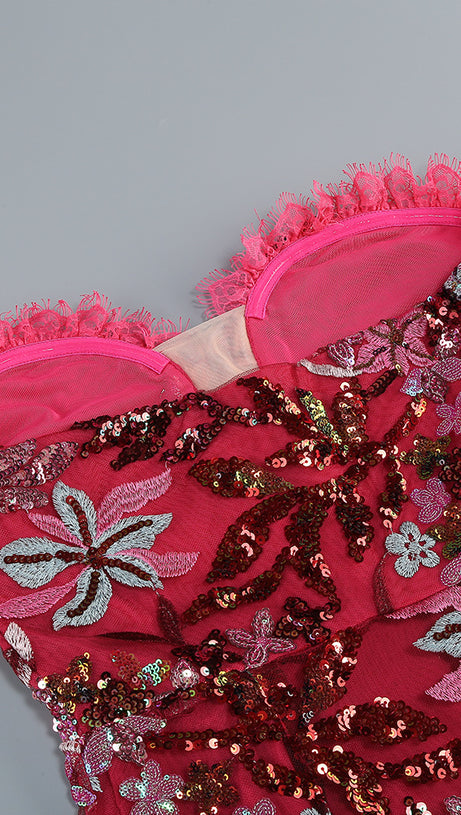 STRAPLESS FLORAL SEQUINS EMBROIDERY BODYCON GOWN MAXI DRESS