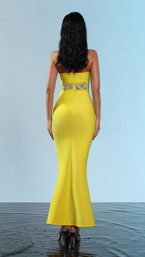 AIIZIE MESH SPLICE RHINESTONE DECOR YELLOW MAXI BANDAGE DRESS - product image