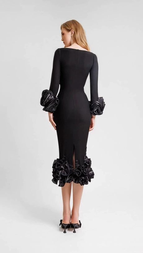 CATLIN BLACK FLOWER BANDAGE MIDI DRESS