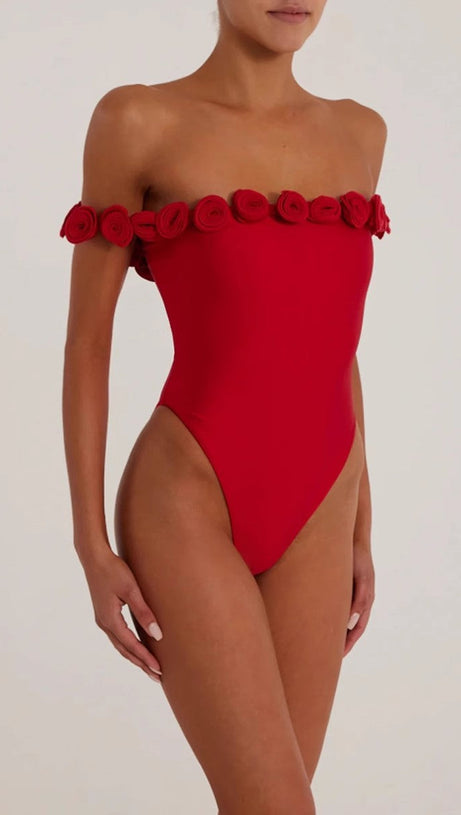 Trägerloser Bodysuit mit 3D-Blumenmuster in Rot