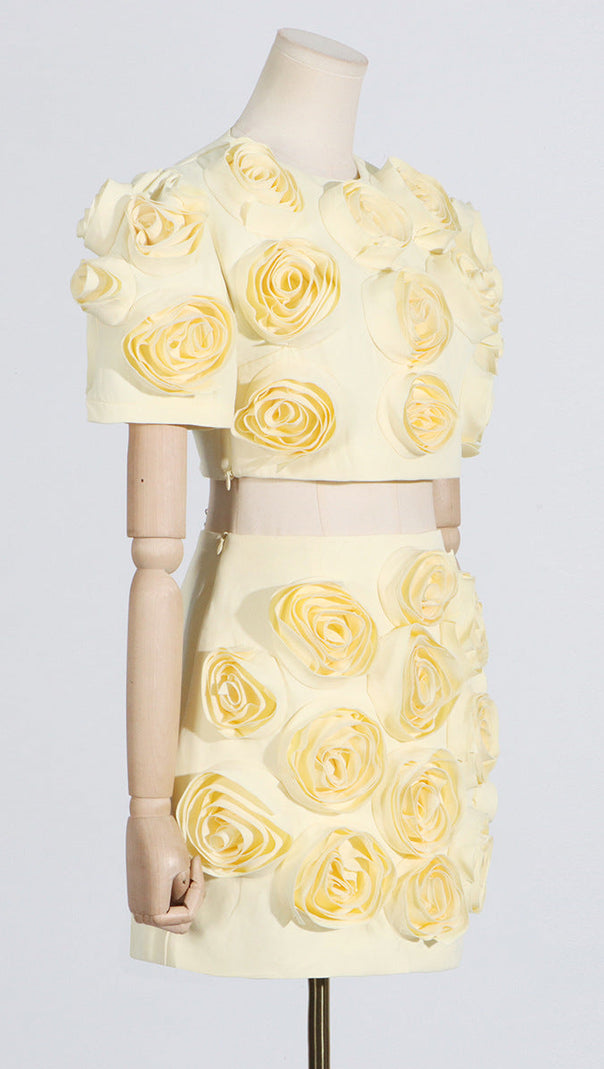 AIIZIE 3D FLOWER BUBBLE SLEEVE TOP SKIRT SUIT IN YELLOW - product image