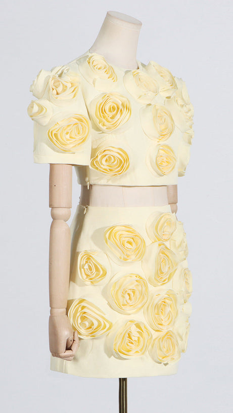 3D FLOWER BUBBLE SLEEVE TOP SKIRT SUIT IN YELLOW