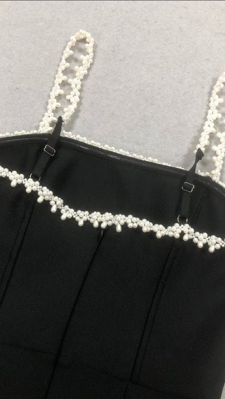 PEARL EMBELLISHED STRAP MINI DRESS IN BLACK