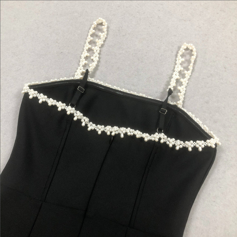 AIIZIE PEARL EMBELLISHED STRAP MINI DRESS IN BLACK - product image