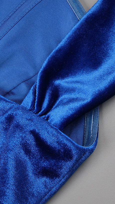 JOSEPHINE OFF-SHOULDER VELVET SASH GOWN IN BLUE