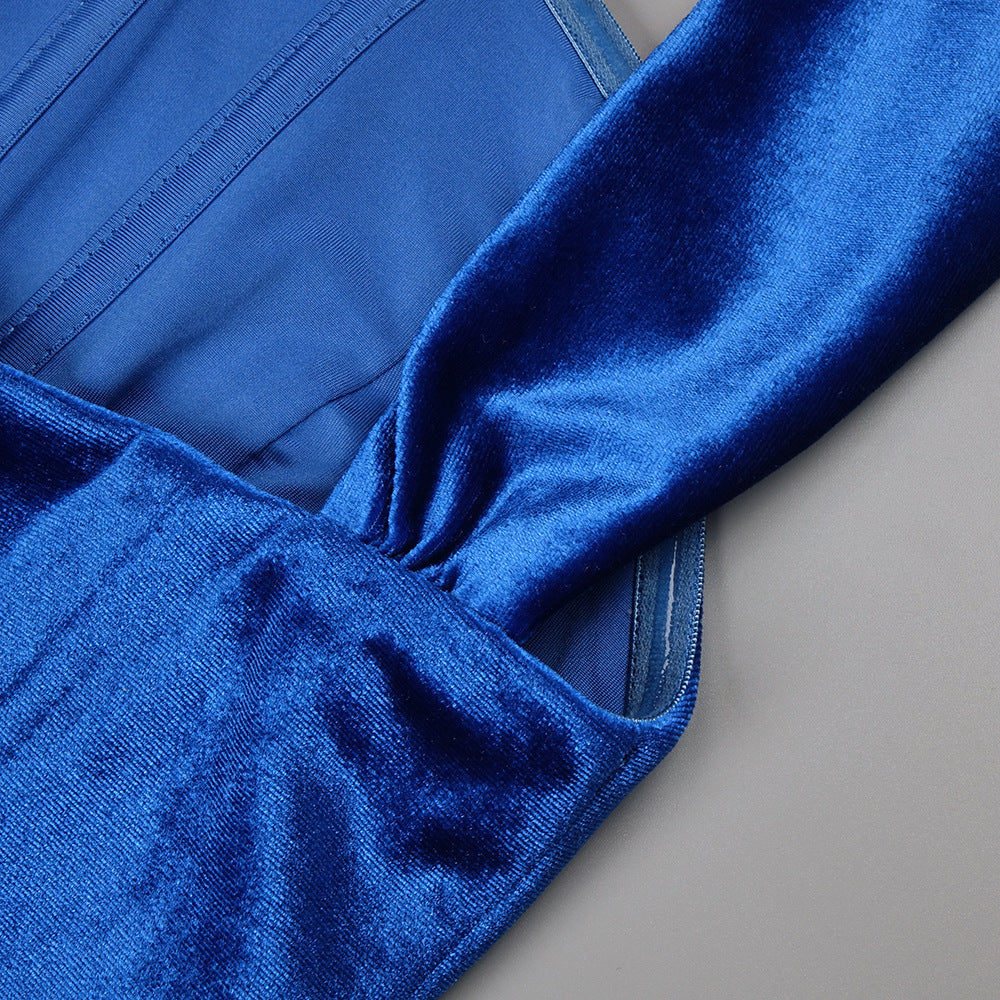 AIIZIE JOSEPHINE OFF-SHOULDER VELVET SASH GOWN IN BLUE - product image
