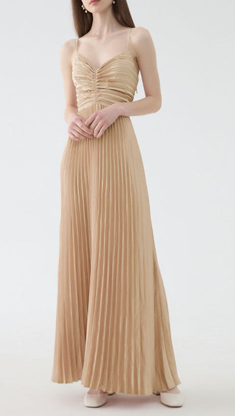 deborah pleated slip maxi dress in apricot