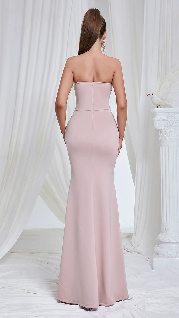 AIIZIE STRAPLESS BLACK LACE CORSET MAXI DRESS IN PINK - product image