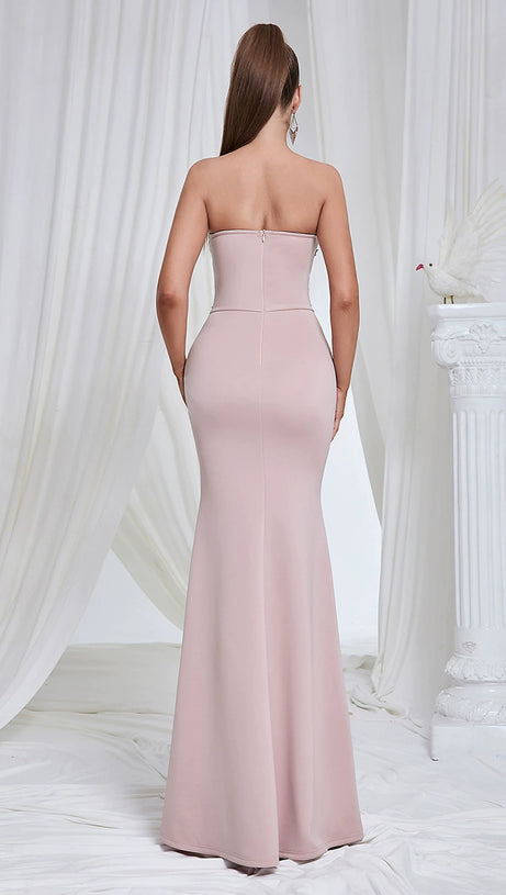 STRAPLESS BLACK LACE CORSET MAXI DRESS IN PINK