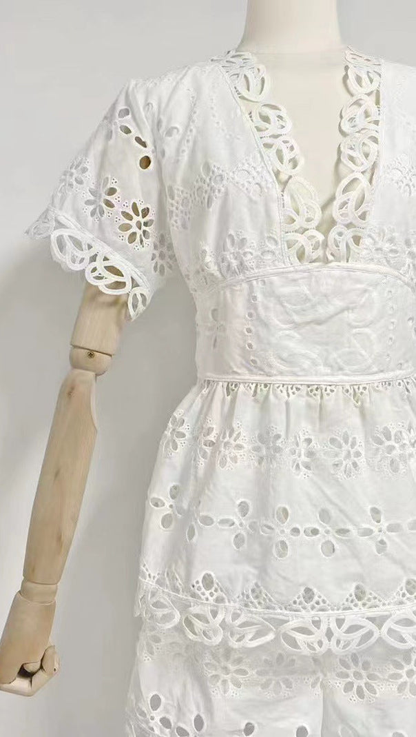AIIZIE MAGGIE WHITE LAYERED CUT OUT LACE TOP SHORTS SUIT - product image