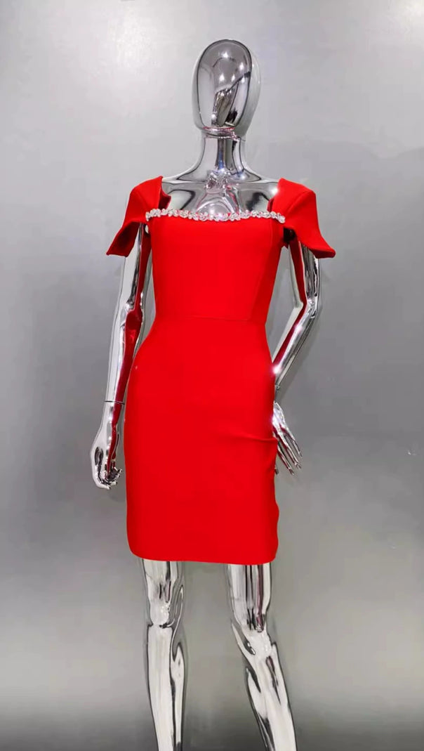 AIIZIE MILDRED SHAWL RED STONE EMBELLISH MINI DRESS - product image