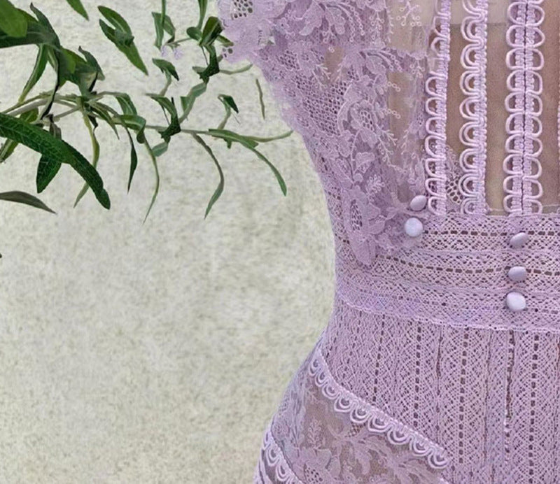 A-line sleeveless lace temperament embroidered court midi dress