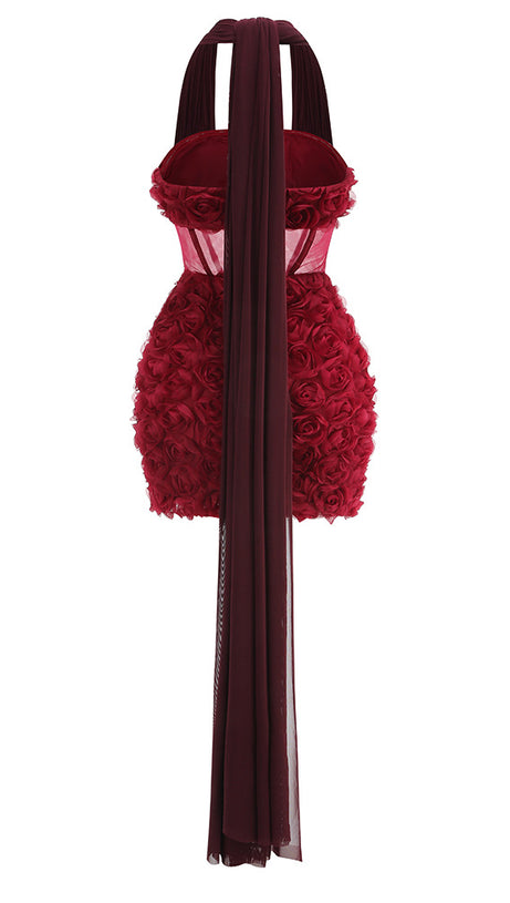 Rotes Neckholder-Minikleid mit Blumenapplikation 