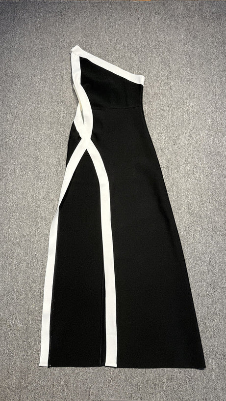 STRETCH ONE SHOULDER HIGH SLIT MAXI DRESS IN BLACK