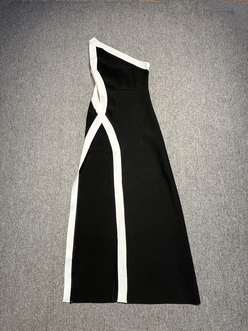 AIIZIE STRETCH ONE SHOULDER HIGH SLIT MAXI DRESS IN BLACK - product image