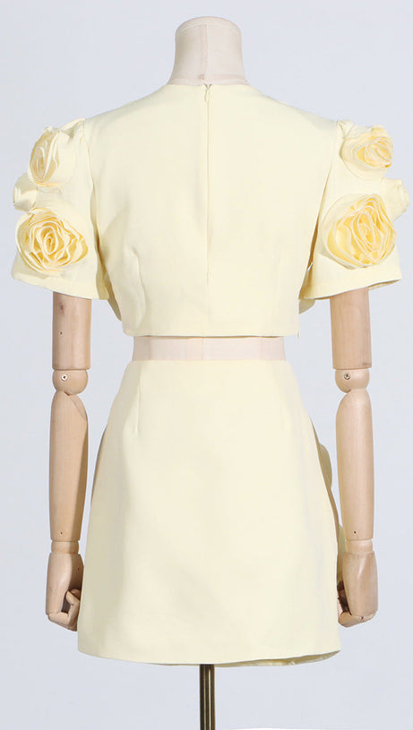 3D FLOWER BUBBLE SLEEVE TOP SKIRT SUIT IN YELLOW